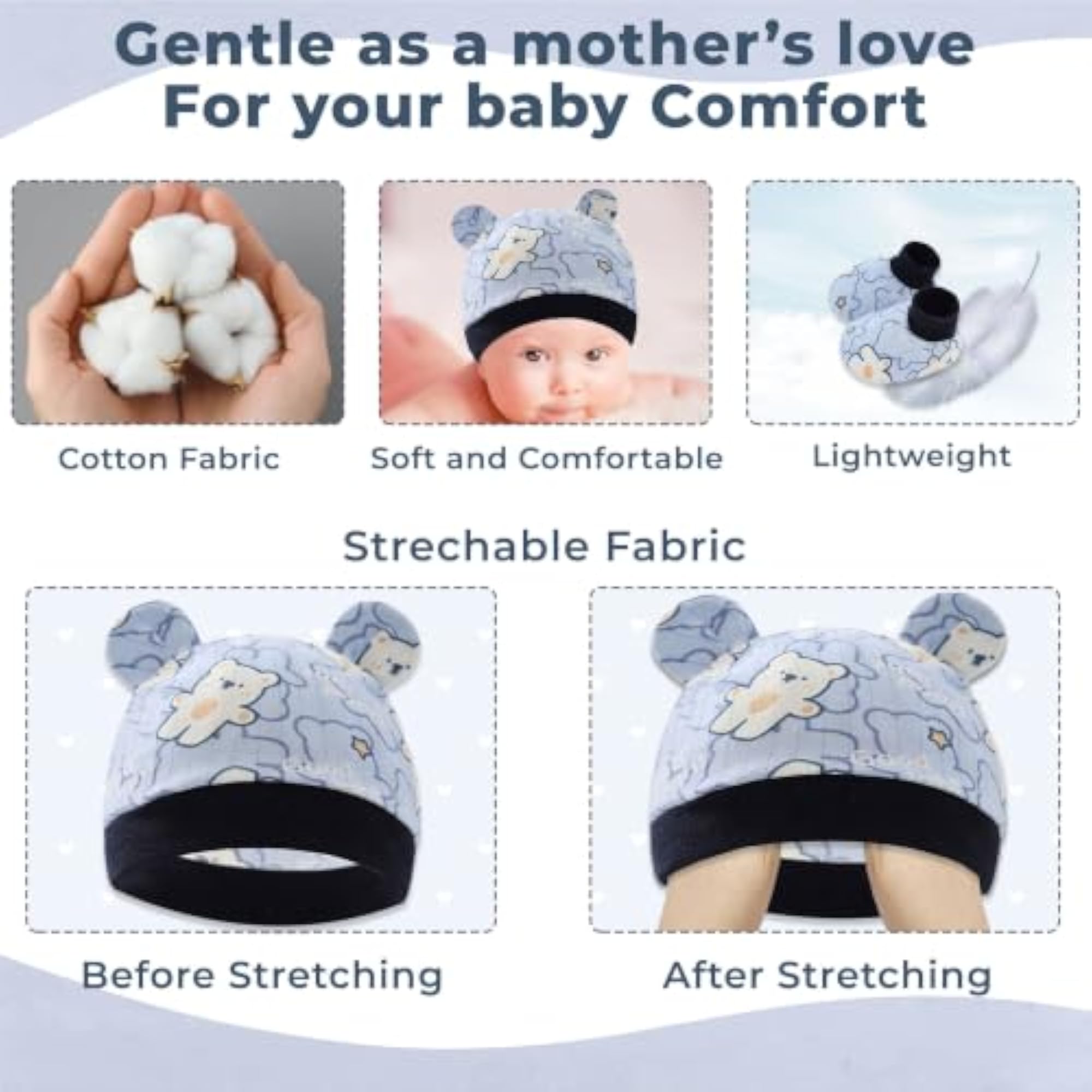 Newborn Cap Mittens and Booties Set for 0-3 Months, Teddy Print